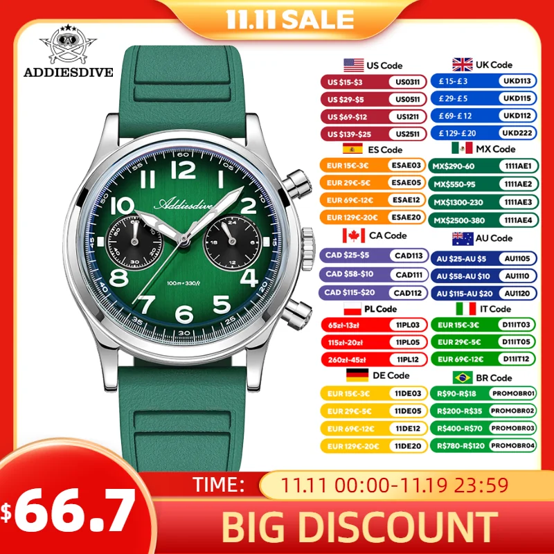 

ADDIESDIVE Chronograph Watch Men 38mm Luxury VK64 Bubble Glass BGW9 Luminous Diving 100m Waterproof Quartz Wristwatch 2025 New