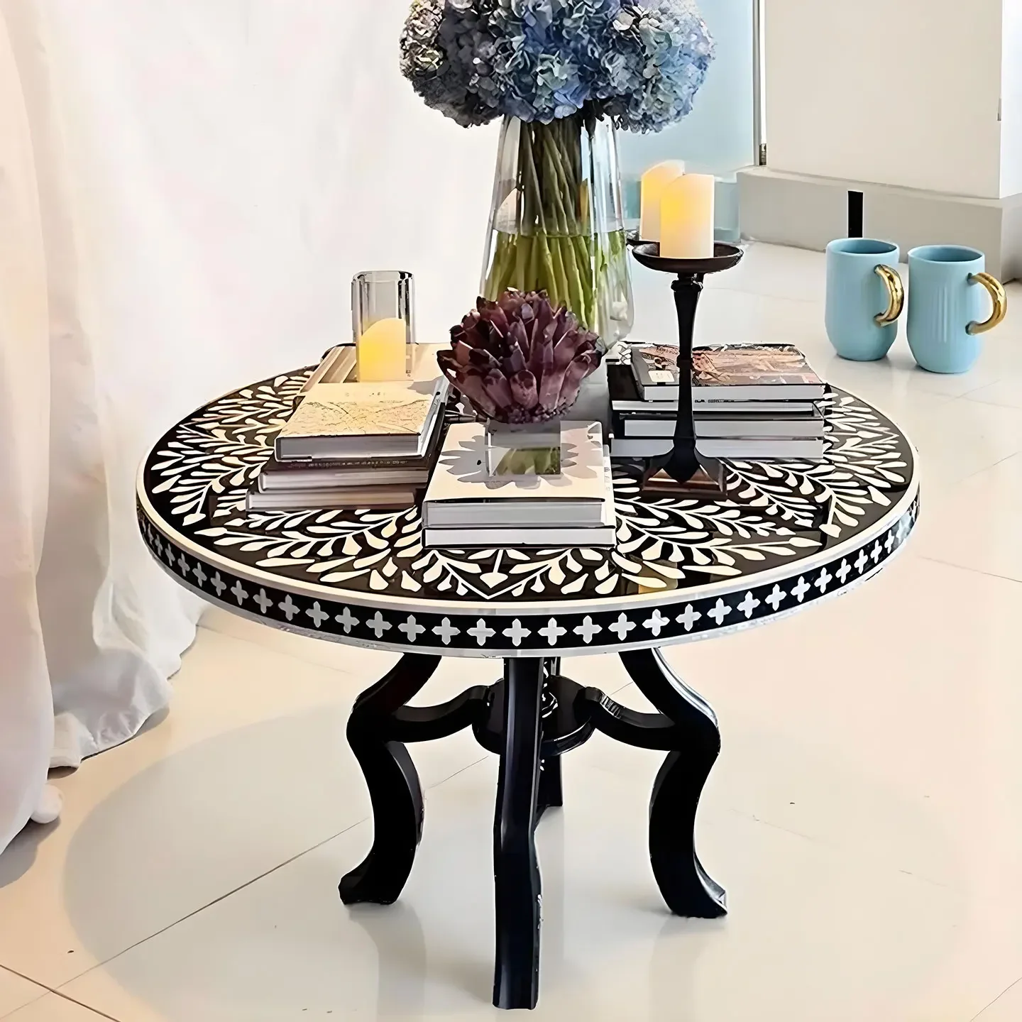 

H5.26 light luxury round solid wood dining table dining table lobby display stand painted coffee table