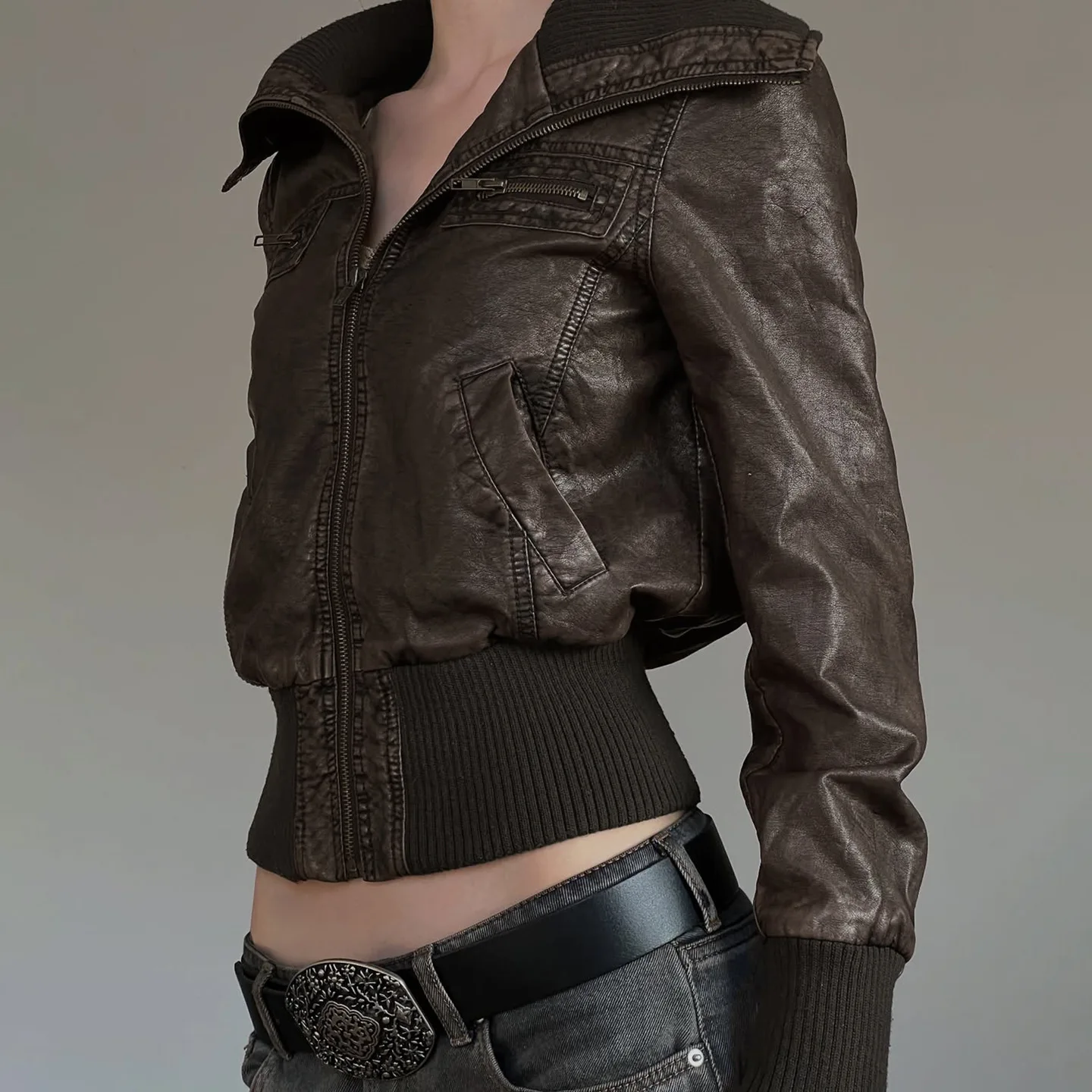 American Style Slim Fit Zipper Collar Pure Color Leather Patchwork Jacket Street Simple Workwear Style Hot Girl Coat For Women