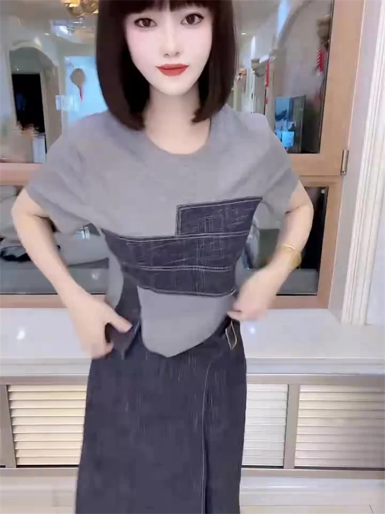 

Fashionable women's summer 2025 new round neck versatile short sleeved top denim skirt casual commute two-piece set