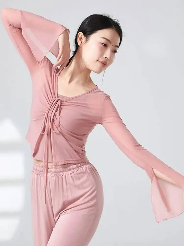 top-de-danca-de-cor-solida-com-decote-em-v-slim-fit-manga-flare-com-cordao-fantasia-moderna-de-performance-de-palco-camisa-de-manga-comprida-para-mulheres