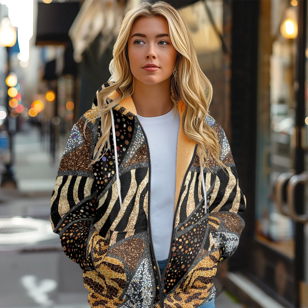 Animal Marble Zebra Leopard Women Jackets Coats Print Hoodie Fleece Lined Multicolor Warm Streetwear Motorcycle Outwear Clothing