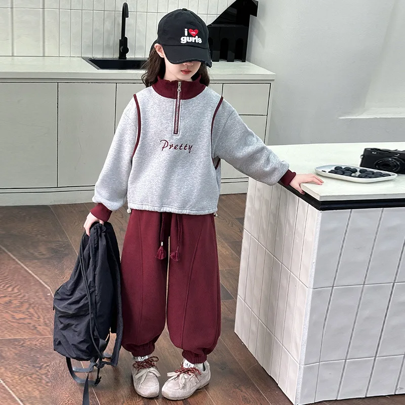 

Осень 202, костюмы-двойки для школьниц, свитшот на молнии с буквенным принтом + спортивные штаны на шнурке, детский спортивный костюм для девочек