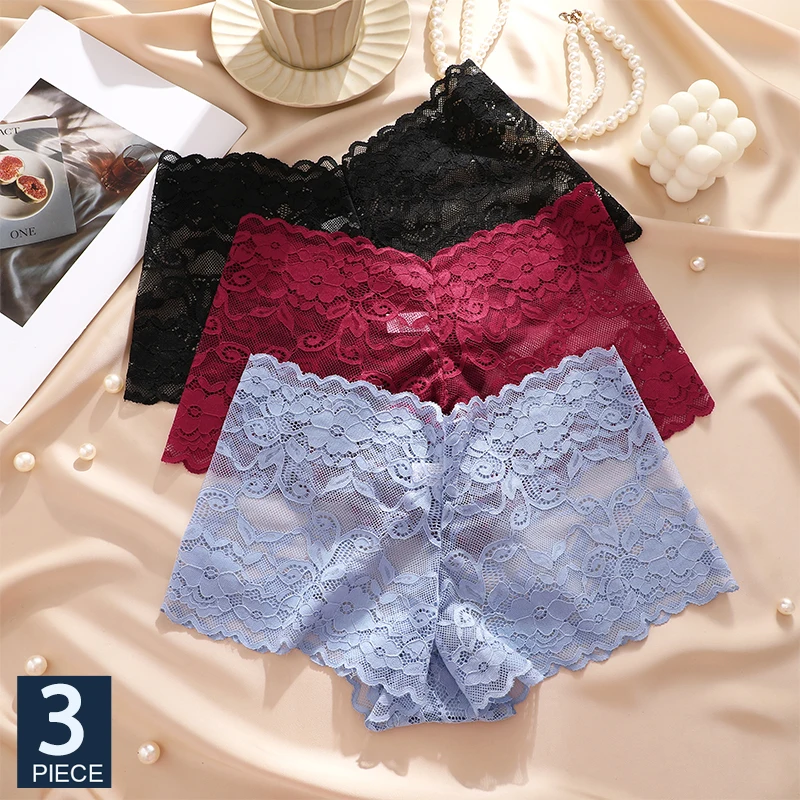 FINETOO 3Pcs Women Lace Floral Boyshorts Sexy Hollow Out Panties Low Waist Briefs Female Stretch BoxerShort Lingerie Transparent