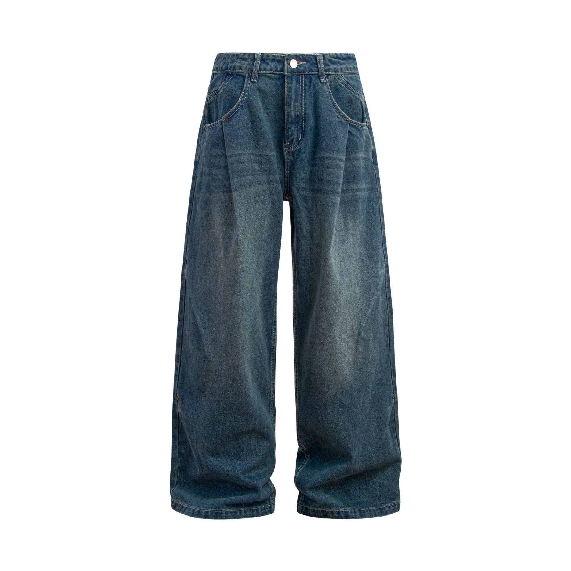 

Retro Washing Water Makes Old Double-pleated Jeans for Men and Women Loose Wide-leg Mopping Casual Trousers