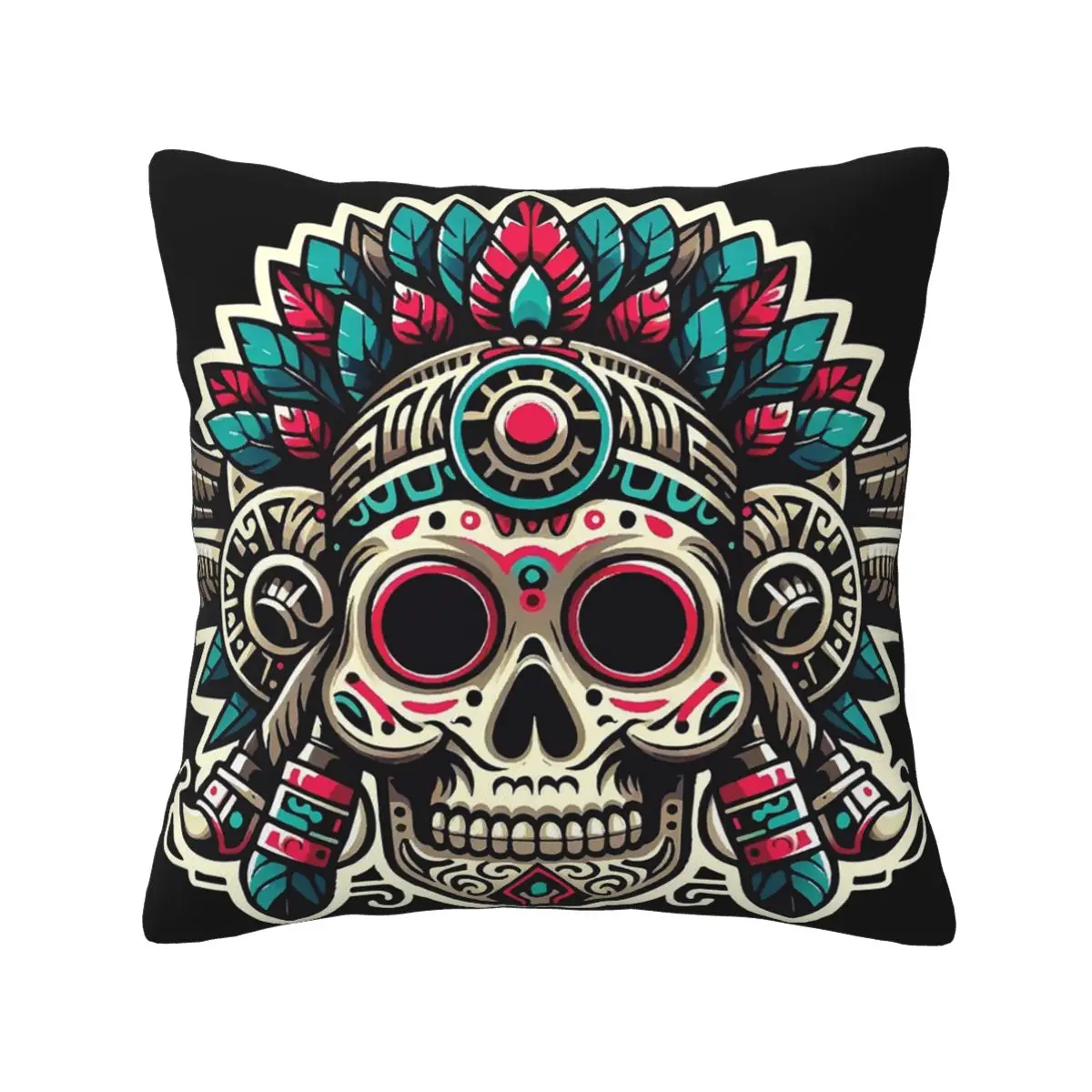 Aztec Skull With Plume Square Pillowcase Pillow Cover Cushion Decor Comfort Throw Pillow for Home Sofa