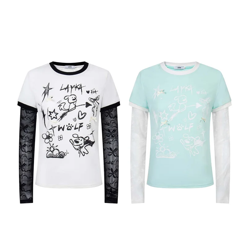 

Sweet Cool Girls Splice Lace Long Sleeve Tshirt Women Streetwear Fashion Vintage Slim Fit T-shirt Hip Hop T Shirts