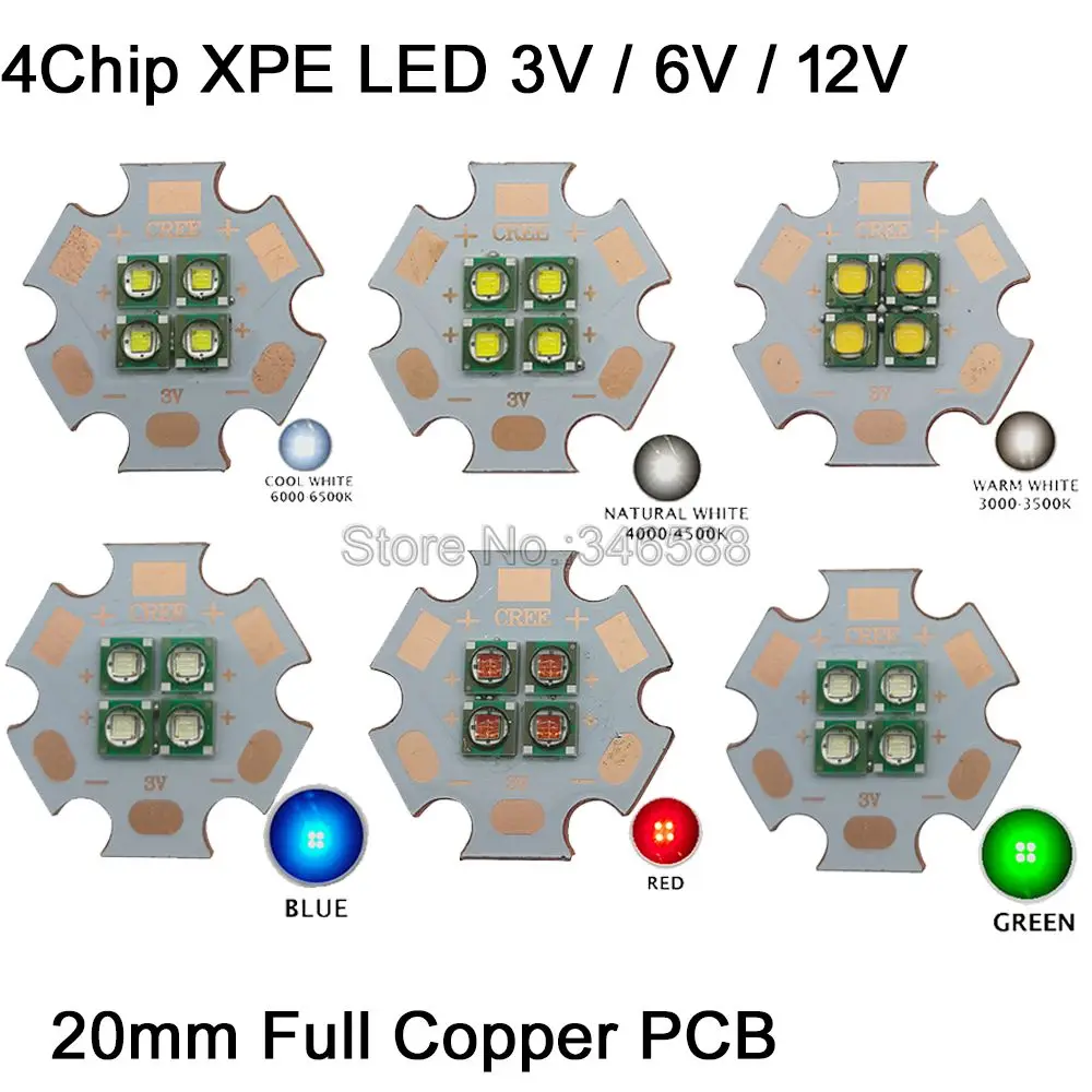 2pcs/lot 10W 6V 12V 10W LED XPE XP-E 4 Chips Bead Chip Car Light instead of XLM Red Green Blue Yellow Beads with 20MM Cooper PCB