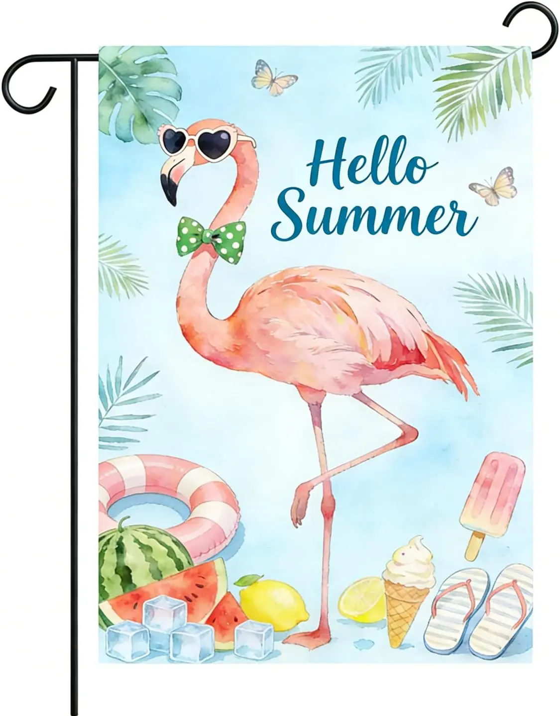 Hello Summer Garden Flag 12x18 Inch Double Sided, Flamingo Welcome Polyester Yard Flags, Seasonal Outdoor Banner Decorations MMZ