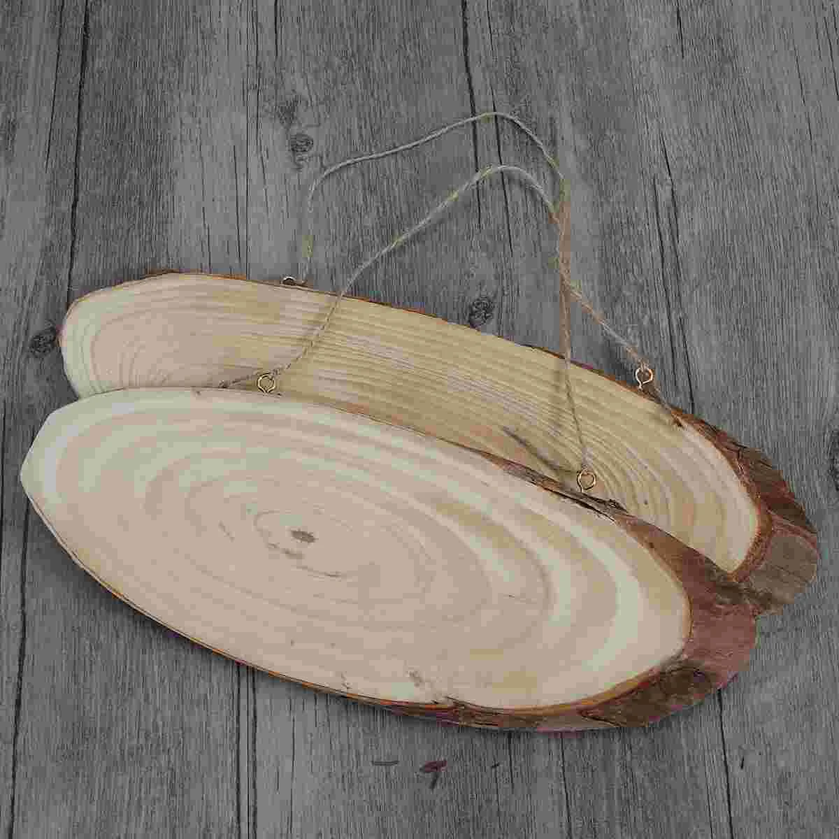 2Pcs Unfinished Oval Blank Wooden Disc Tree Log Slice Plaques with Rope for DIY Decoration Crafts Projects