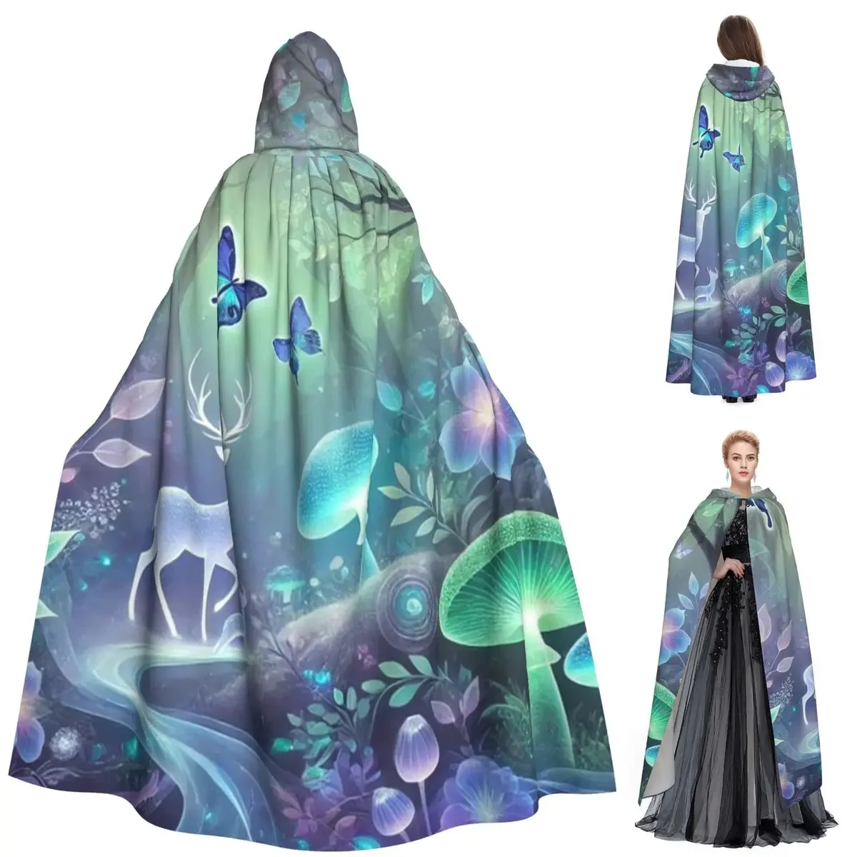 Magic Forest With Butterflies  Long Hooded Cloak Witch Medieval Costume Cosplay Cape