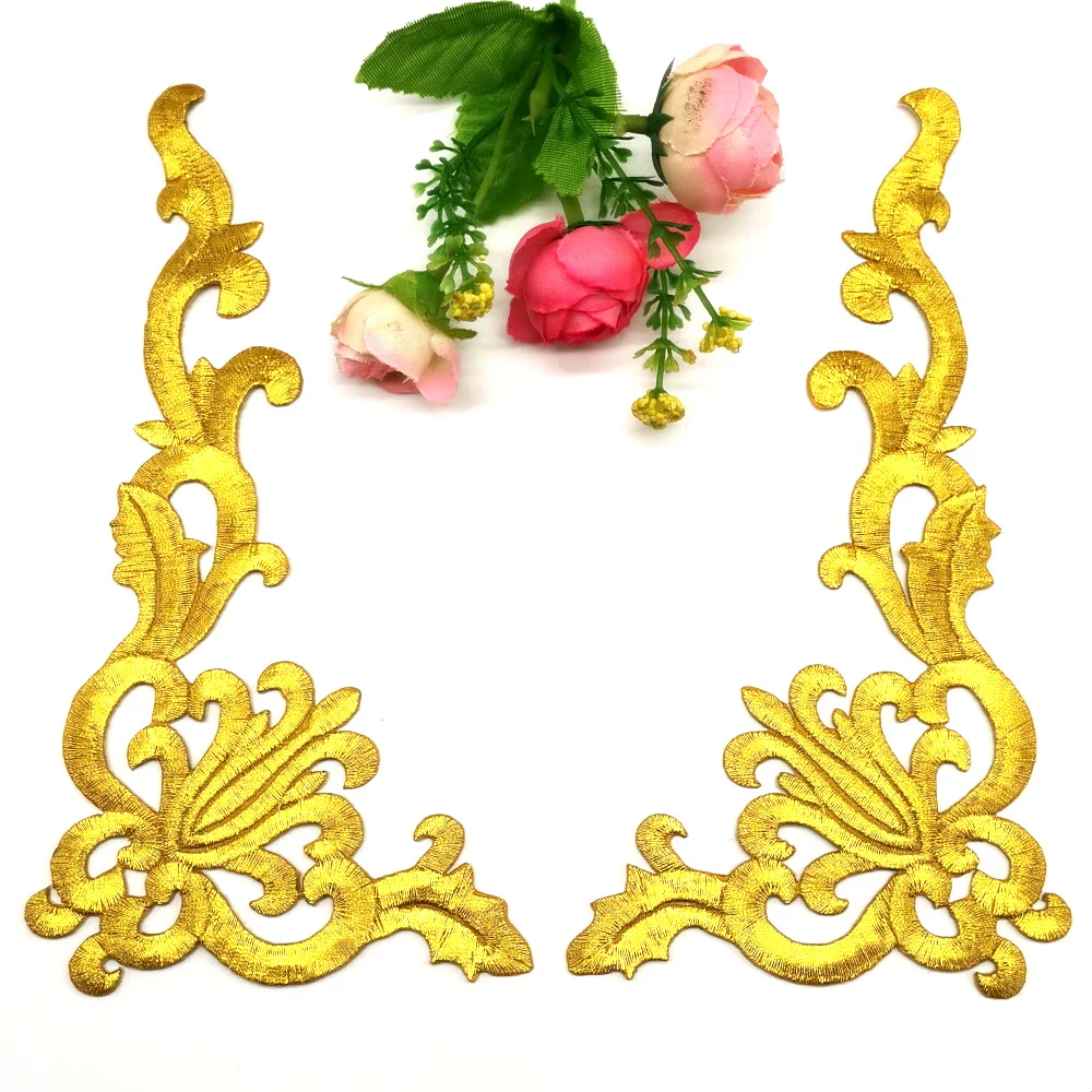 1 Pair Gold Embroidered Patches Iron On Flower Appliques For Garment Diy Trims Shiny Metallic Golden Accessories 19.5cm*10cm