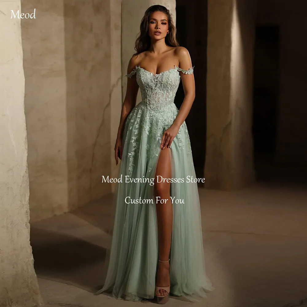 

MEOD Mint Green A Line Evening Dress Elegant Sweetheart Women's Evening Gowns Lace High Slit Tulle Robes De Soirée Customized