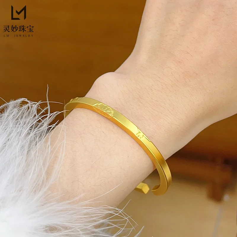 Viora Jewelry 9999 Ancient method engraved small daisy square bracelet 24K real gold solid circle flower bracelet simple and ver