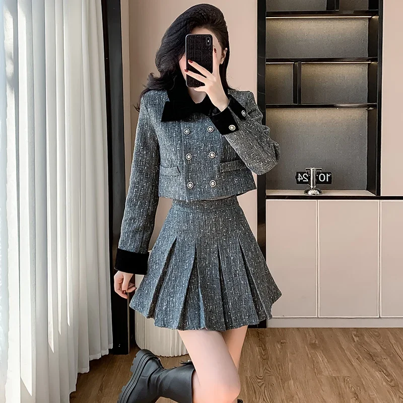 French Style Elegant Bow Women's Quilted Suit Jacket 2024 Autumn High-end Gray Tweed Short Coat Top Pelated Skirt Two-piece Set