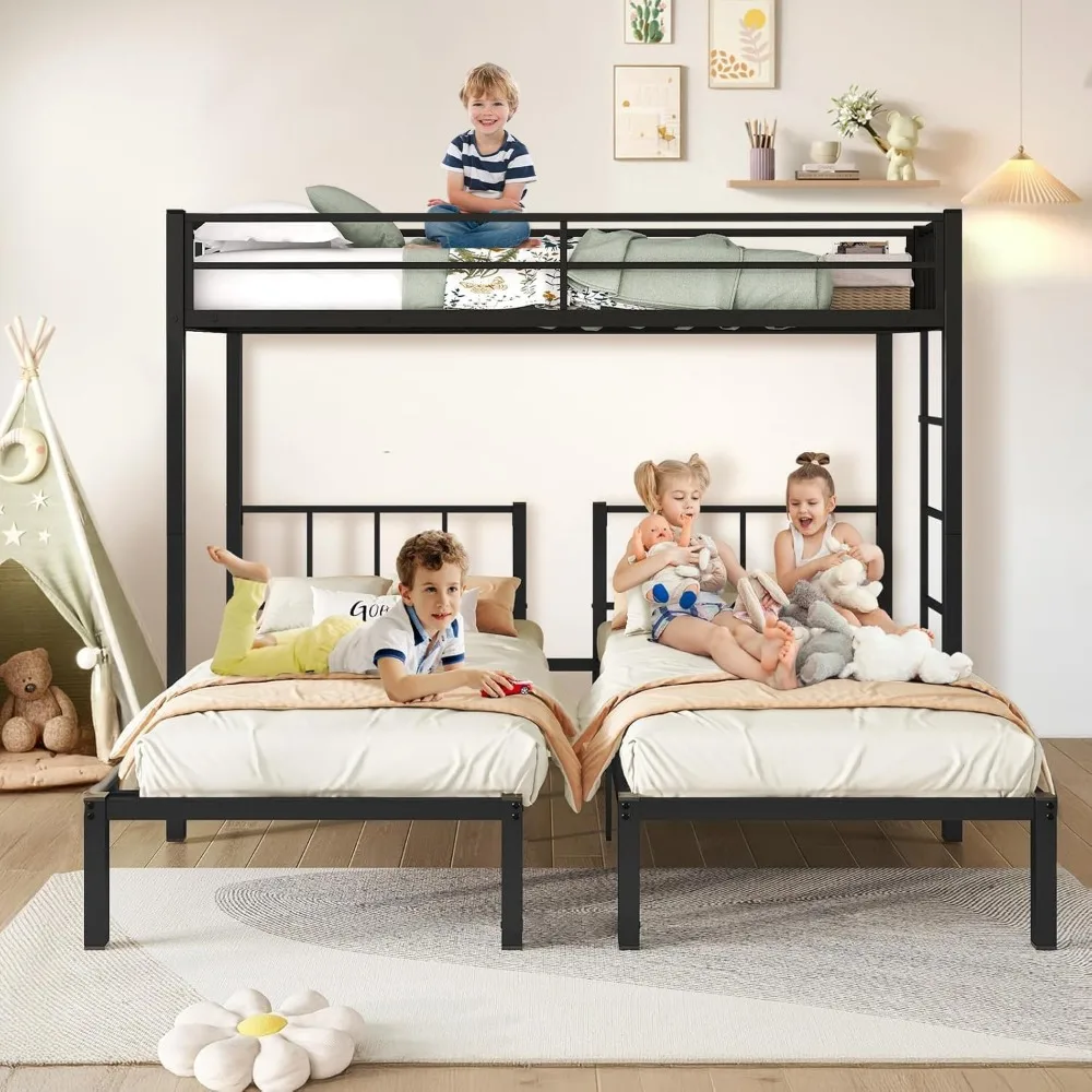 Litera doble sobre doble y doble para 3, litera triple para 3 personas con barandillas, escalera y plataforma de cama superior, para niños, adolescentes