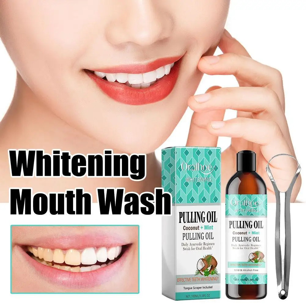 1PCS Coconut Mint Pulling Oil Mouthwash Alcohol-free Teeth Whitening Fresh Oral Breath Tongue Scraper Mouth Care