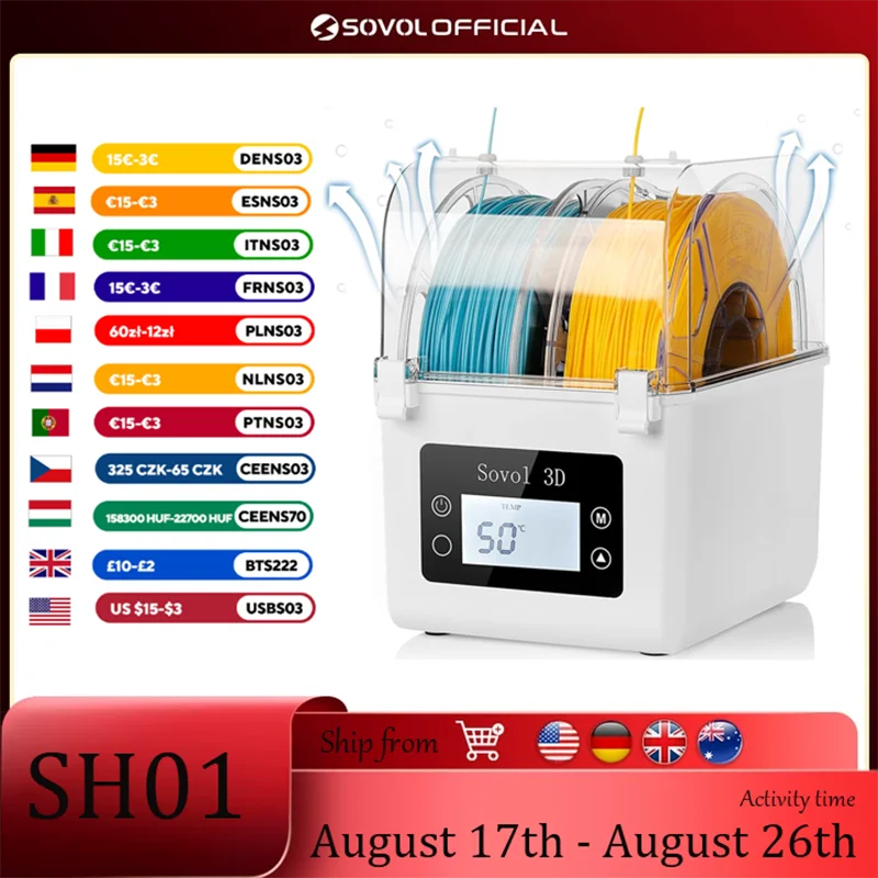Sovol 2 Rollen Filament-Dörrgerät, Spulenhalter, Filamente, Trockenbox für 1,75 mm, 2,85 mm ABS, PLA, PETG, TPU, FDM-Material, 3D-Drucker