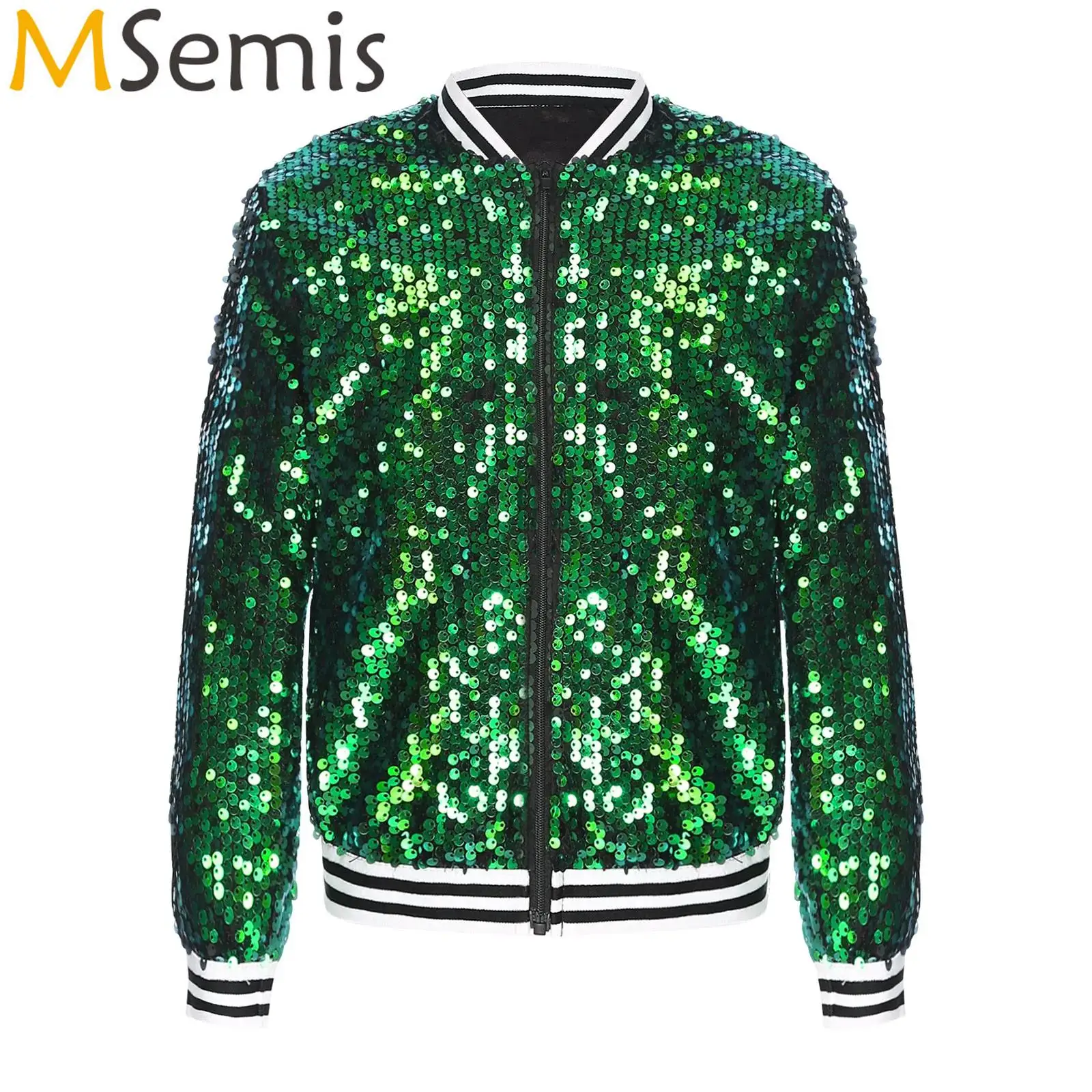 

Kids Girls Sparkly Sequin Baseball Bomber Jackets Coat Cheerleading Costume Long Sleeve Front Zip Up Striped Trim Outerwear