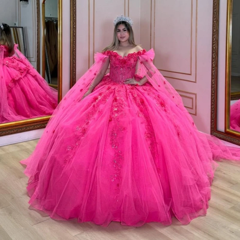 

Rose Red Shiny Ball Gown Quinceanera Dresses Off The Shoulder Applique Flower Beads Bow Tull Party Birthday Sweet 16 Dress Vesti