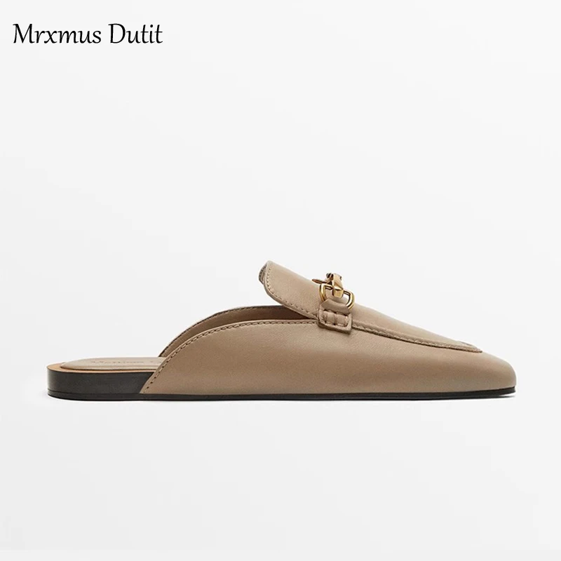 Mrxmus Dutit 2023 Fashion Women New Genuine Leather Shoes Metal Buckle Mules Shoes Casual Wild Simple Sandals Slippers Female