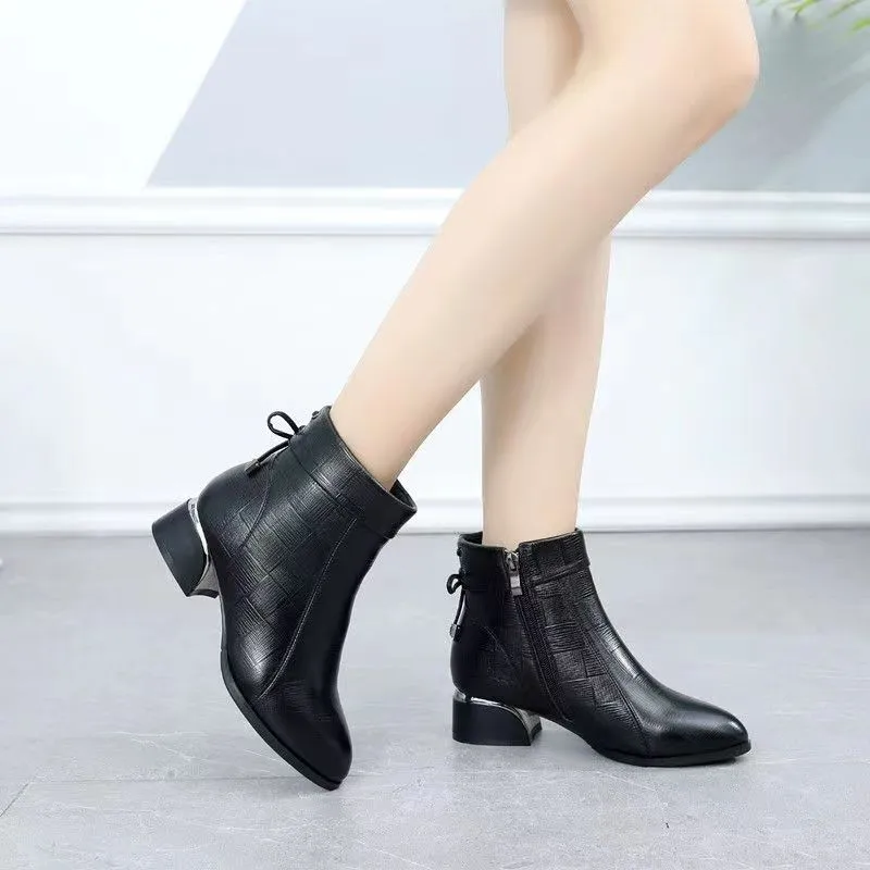 2022 New Autumn and Winter Large Size Nude Boots Women\'s Pointed Thick Heel Short Sleeve Comfortable Zipper Leather Boots