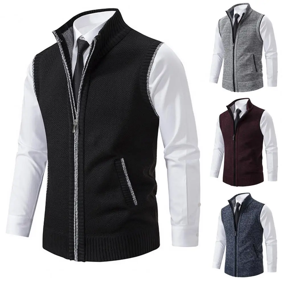 

Formal Workwear Sweater Vest Stylish Men's Knitted Zipper Sweater Vest Stand Collar Sleeveless Cardigan for Work Casual Wear Men