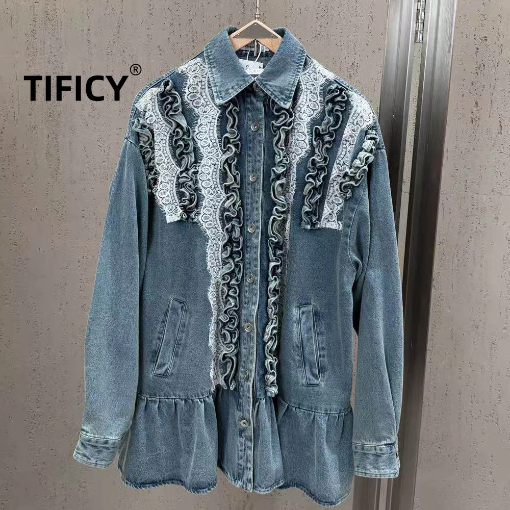 High Street Jean Shirts Top Women's Spring Denim Style Lace Patchwork with Fungus Edge and Lotus Leaf Edge Shirt Slimming Top