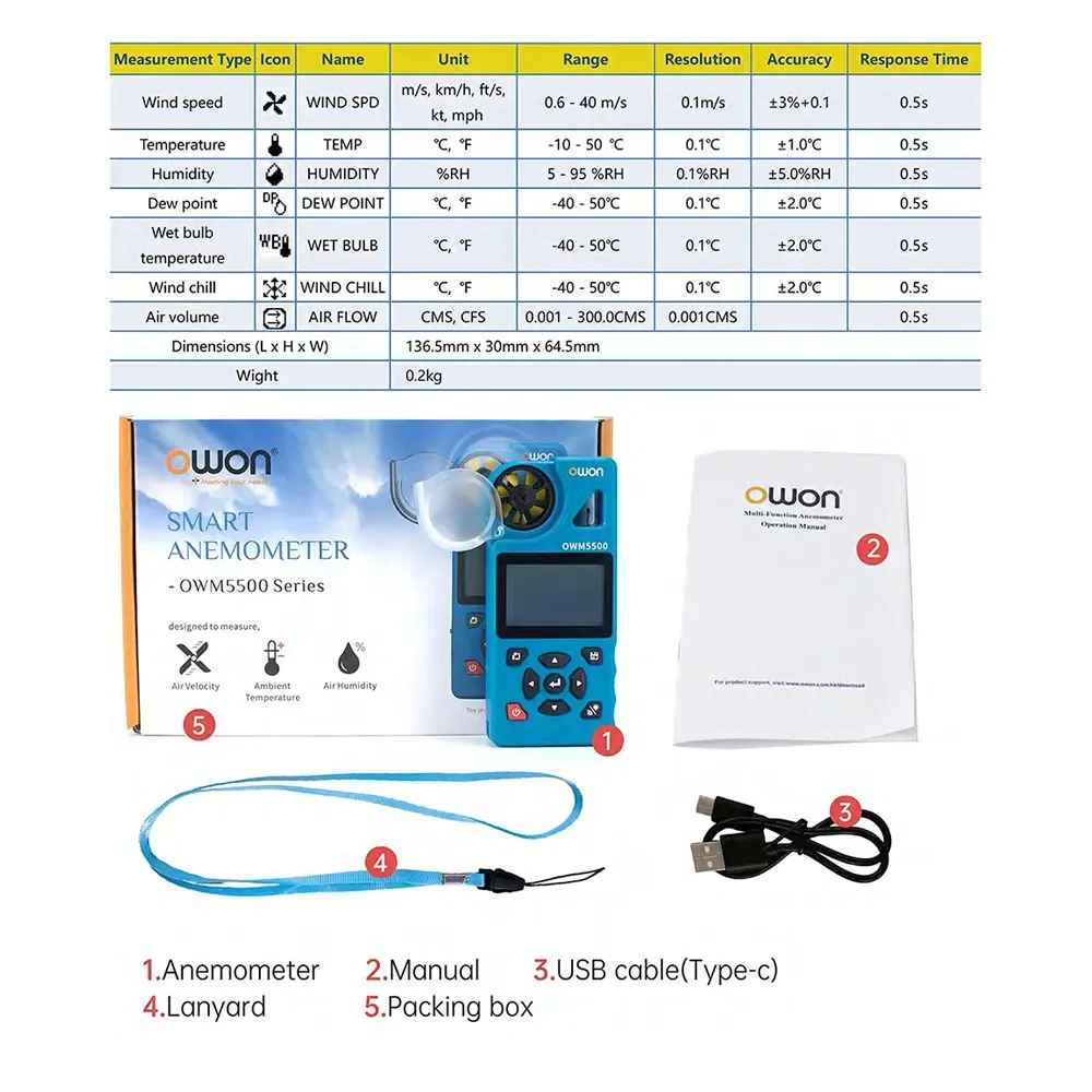 Owon OWM5500 portalbe Digital Smart Anemometer Mini Handheld Wind Speed Meter Speed Measurement Temperature Tester