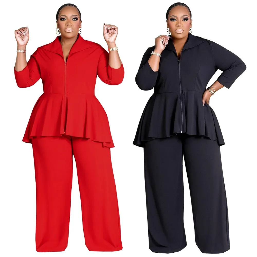 XL-5XL Casual Elegant Two Piece Sets Plus Size Women Clothing Winter African Long Sleeve Ruffle Top and Pant Suits Dropshipping