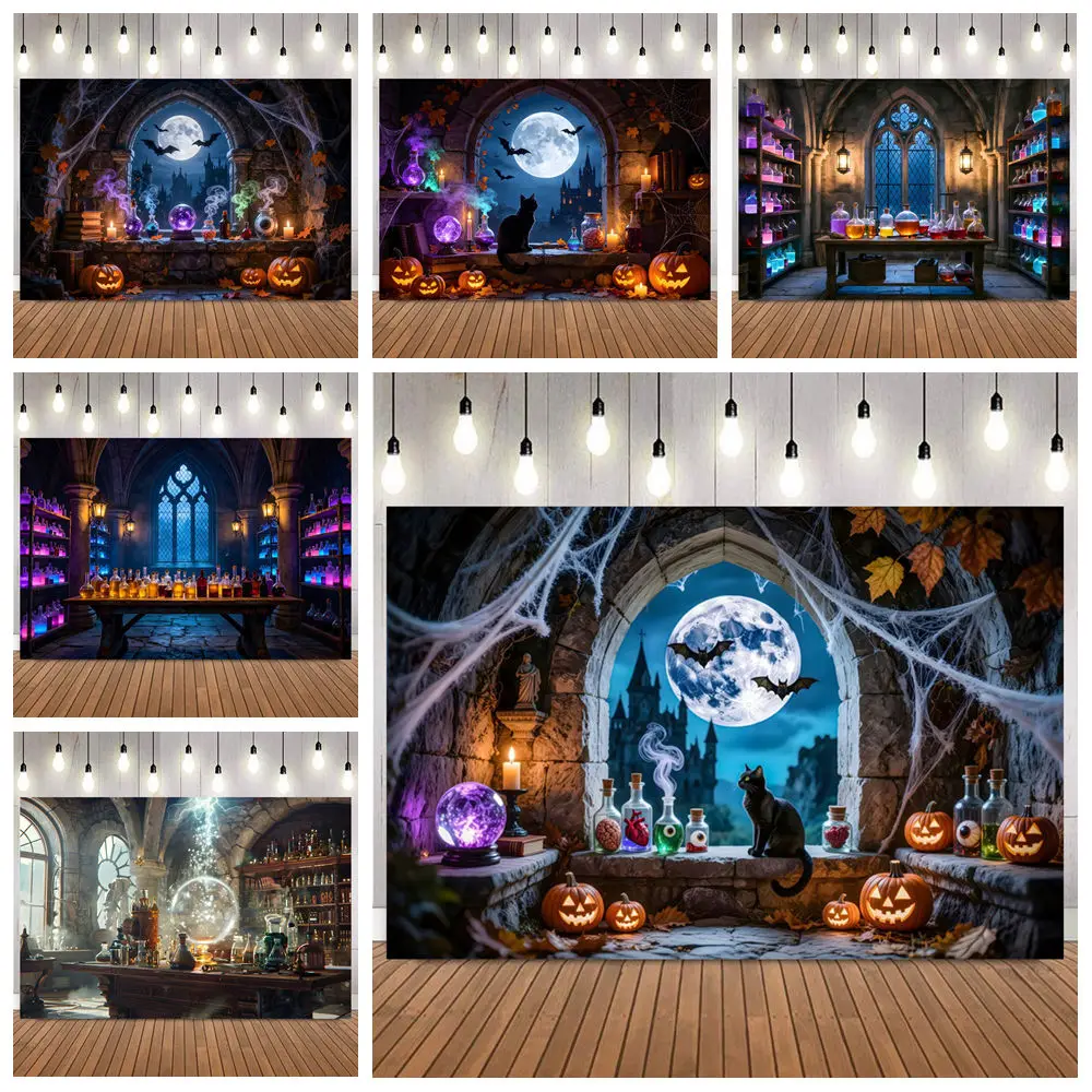 Halloween Backdrop Banner for Kids Family Portrait Home Decor Horror Moon Night Medieval Gothic Room Window Photo Backgrounds