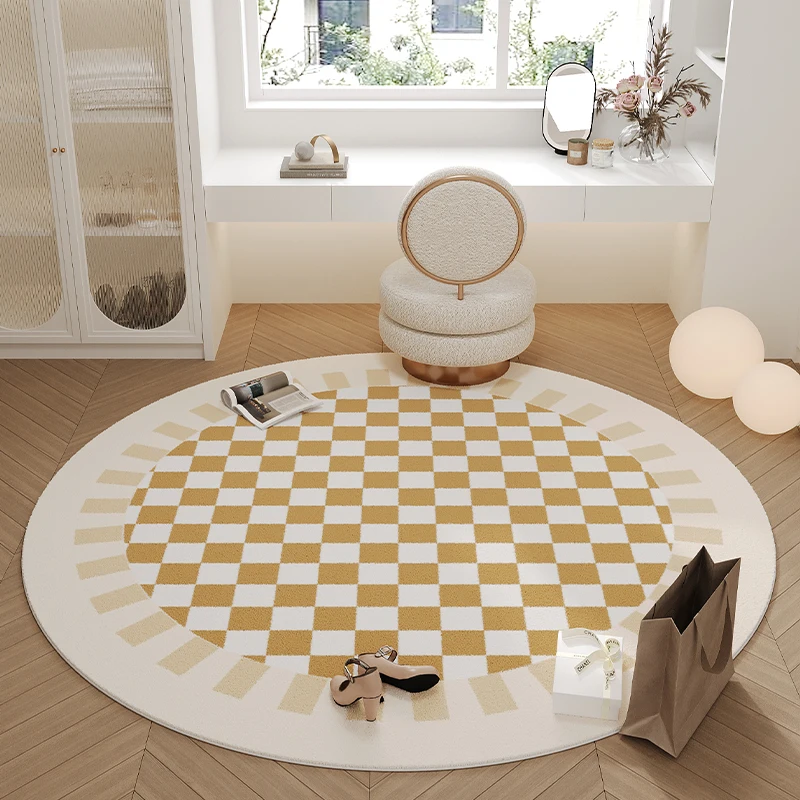 Nordic Style Bedroom Decor Plush Carpet Checkerboard Round Carpets for Living Room Home Chair Floor Mat Retro Large Area Rug