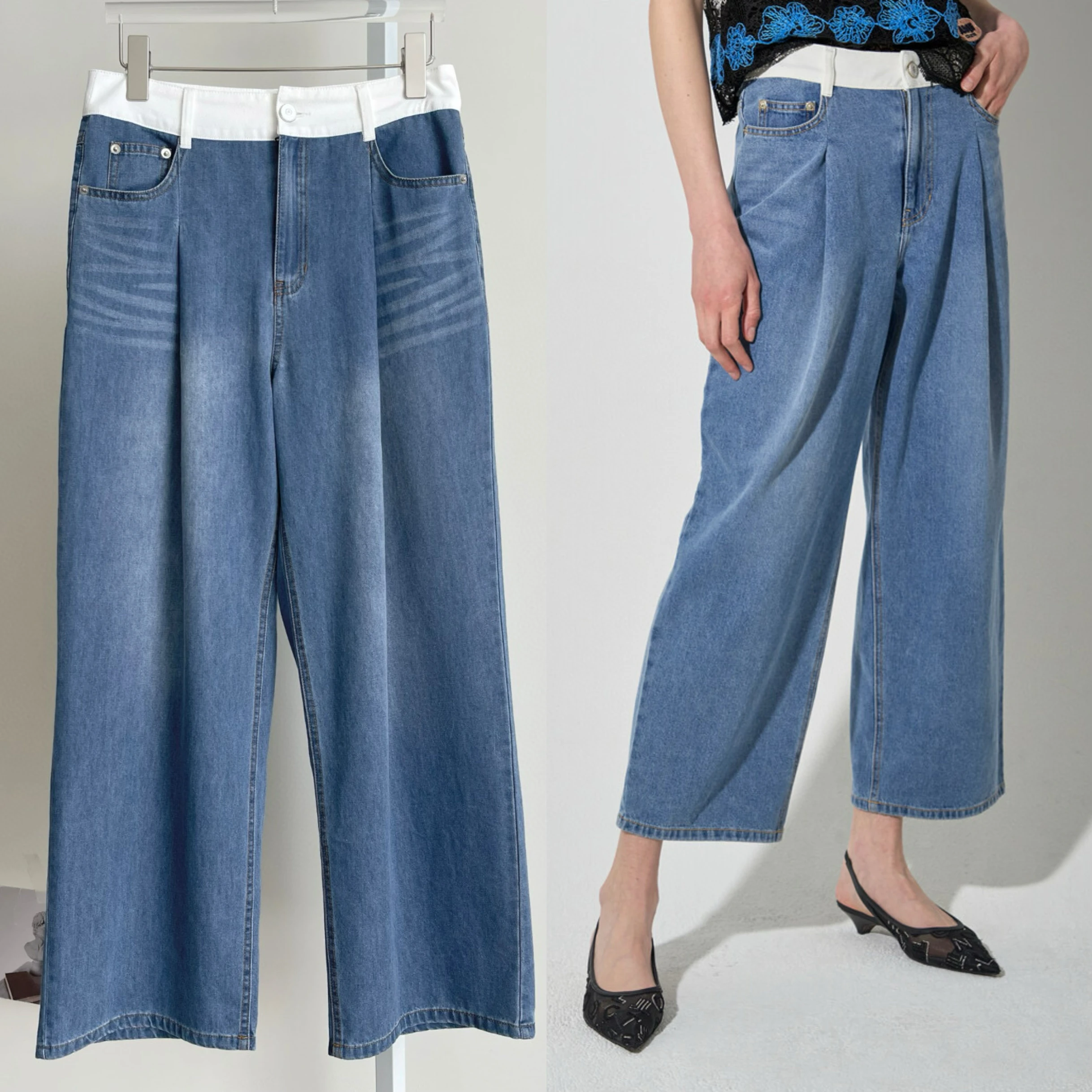 

Джинсы с высокой талией и широкими штанинами, летние, цветные, в корейском стиле, укороченные, повседневные, на молнии, с охлаждающим эффектом