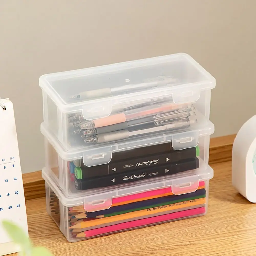 Transparent Pencil Box Multifunctional Dustproof Waterproof Stationery Case With Buckled Plastic Desktop Storage Box Mark Pens