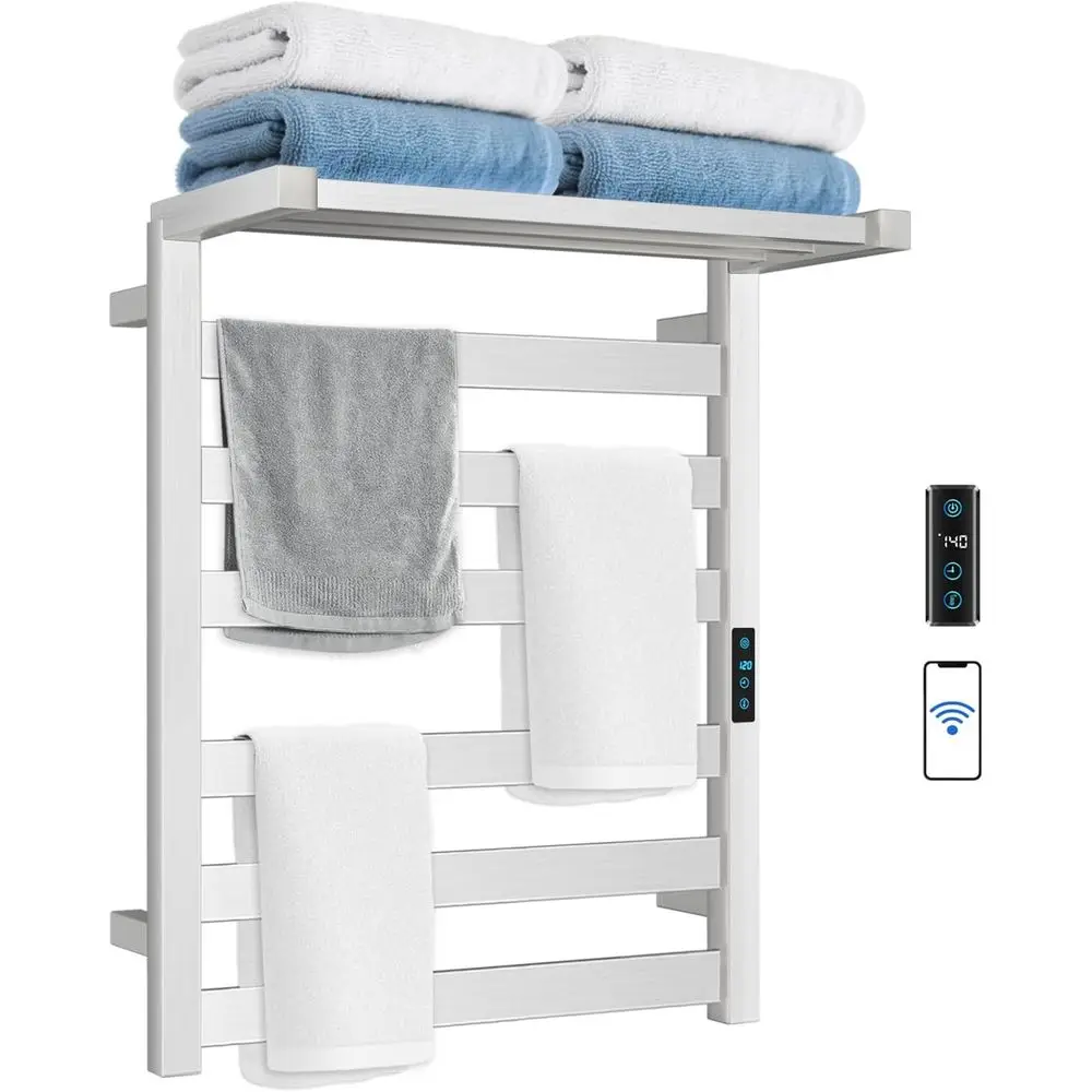 Wall-Mounted Electric Towel Warmer with Adjustable Bracket, Stainless Steel, LED Timer, Plug-in, 6 Bars, Brushed Nickel