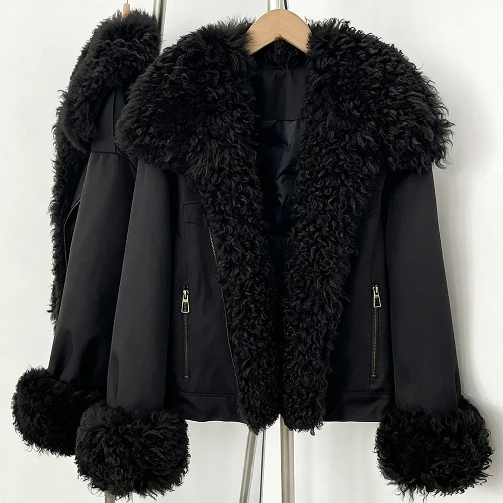 OFTBUY Damen Neue Winter-Daunenjacke mit Echtem Lammfellkragen, Natürlicher Pelz, Warme Steppjacke, Modischer Freizeitmantel, Oberbekleidung – Detail 4
