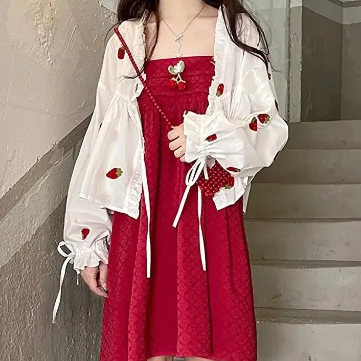Women Summer Kawaii Strawberry Embroidery Cardigan Kimono Blouse  Sunscreen Shirt Bandage Ruffle Blusas Loose Tops 2025