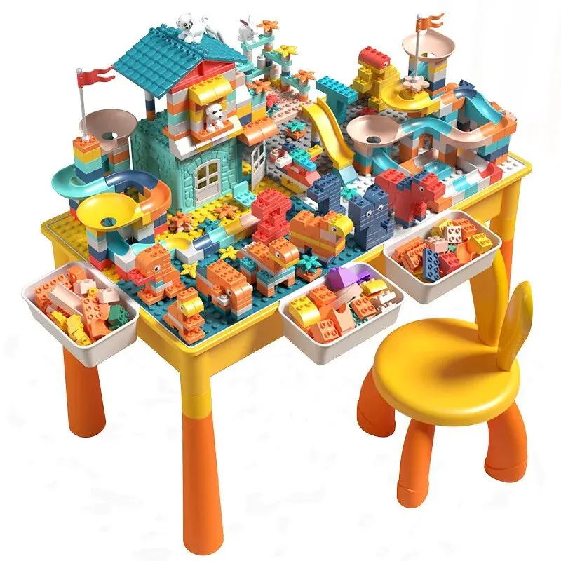 5-in-1 Kids Activity Water Table Toys and Chair Set with 143pcs Large Marble Run DIY Building Block for Kids Ages 3+