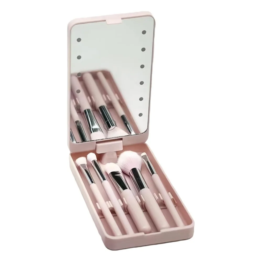 

Rotatable Mirror Travel Makeup Brush with Light Adjustable Brightness USB Rechargeable Mini Cosmetic Brushes Pocket Mirror