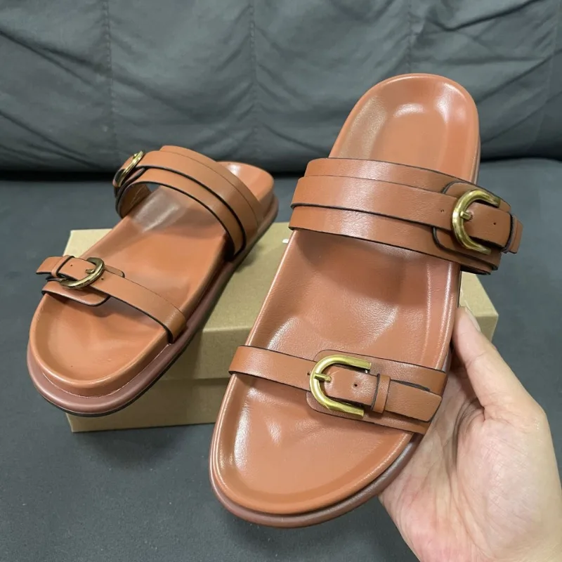 Retro Design Women\'s Flat Sandals Fashion Metal Buckle 2024 Summer Beach Shoes for Lady Soft PU Leather Thick Bottom Footwear