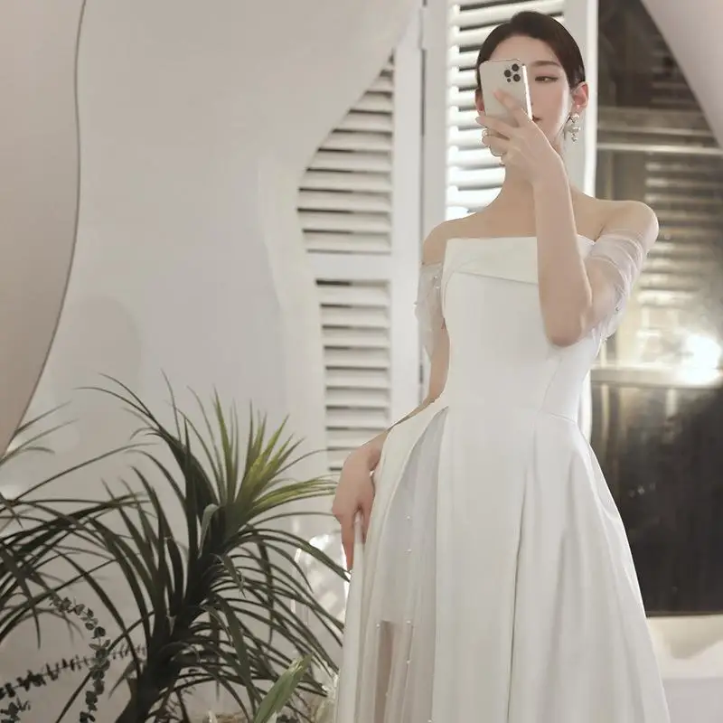 

French Style Satin Wedding Dresses Women New Beading Off Shoulder Slit Bridal Dress Simple Elegant Wedding Banquet Gown