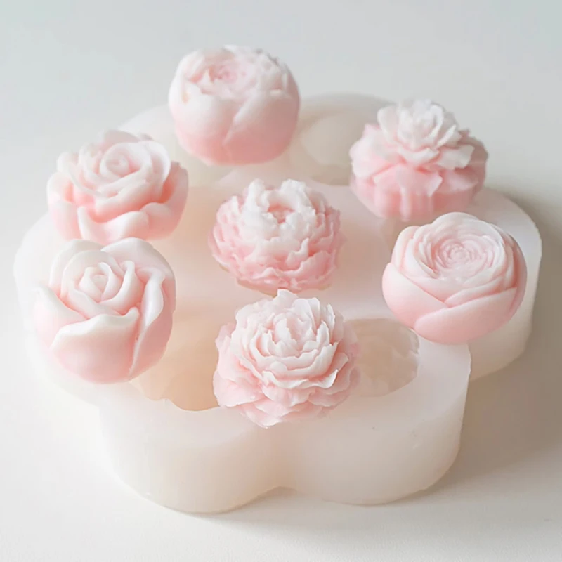 7 In 1 Flower Silicone Molds 3D Rose Peony Chocolate Cake Baking Mold Handmade Candle Soap Gypsum Resin Handicraft Making Tools