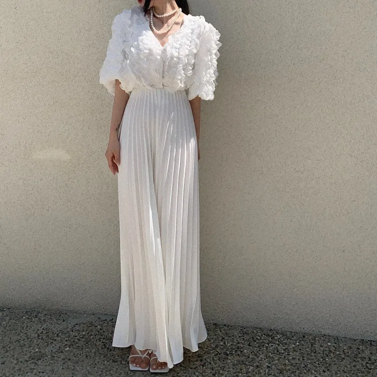 Pantaloni a gamba larga pieghettati all'inizio della primavera Coreano Sle Regular Fit Medio Softn Esclusivo online Autunno Inverno Faion da donna