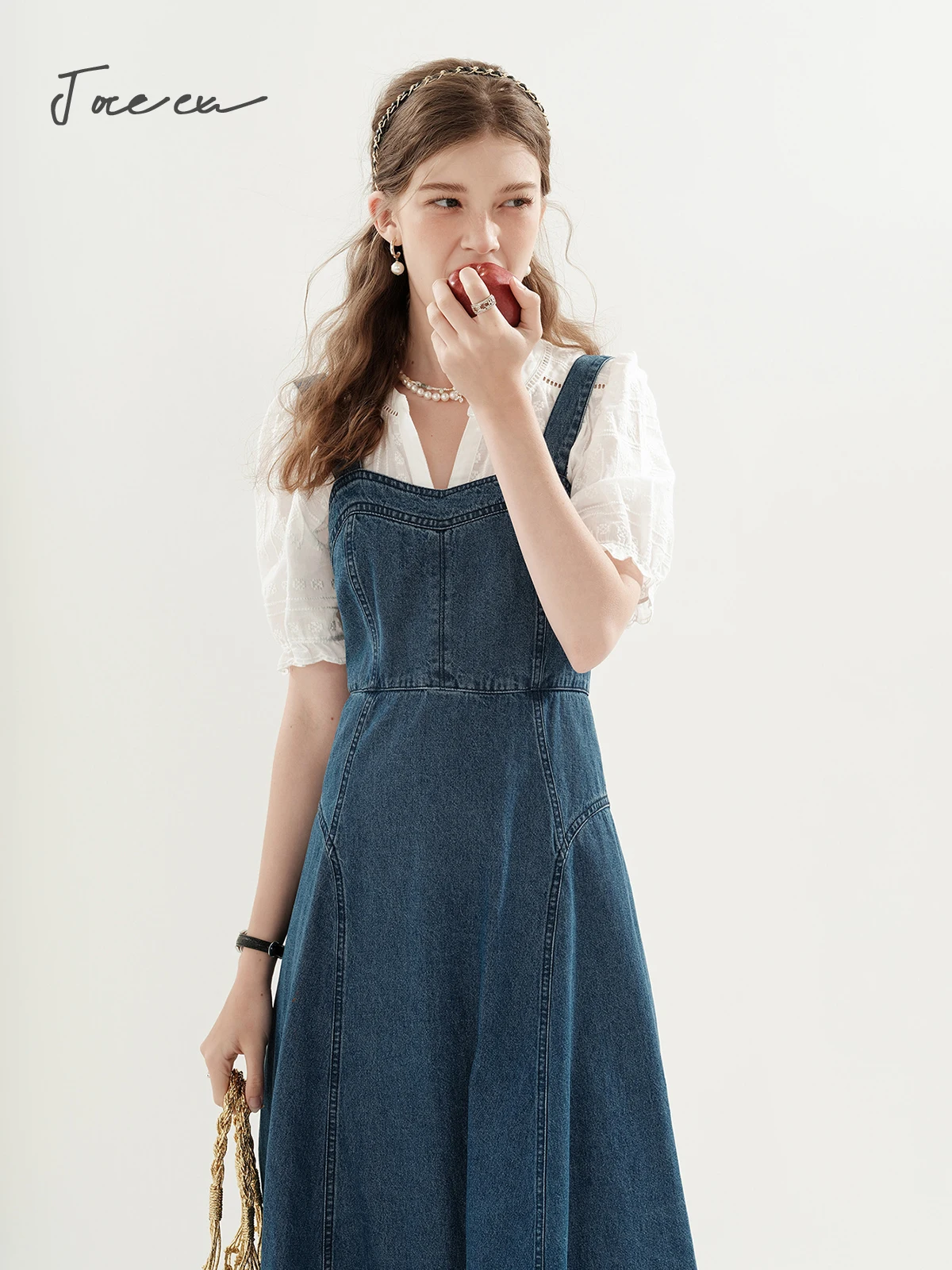 JOREEU Women's Sleeveless Denim Dress 2024 Summer Vintage Style Square Collar A Line Flared Midi Dresses Female Clothing TM00118