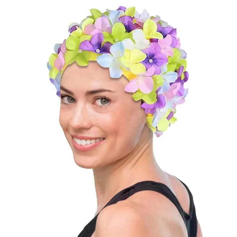 Floral Woman Petal Retro Swimming Cap Summer Fashion Flower Beach Bathing Hat Swimming Hat for Long/Short Hair