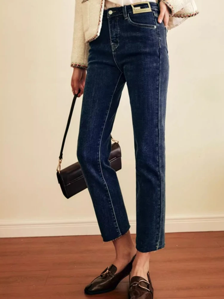 

OLrain Women's French Jeans 2025 Autumn New in High-waisted Straight Jeans Solid Casual Fashion Cropped Pants Elegant O22DA60209