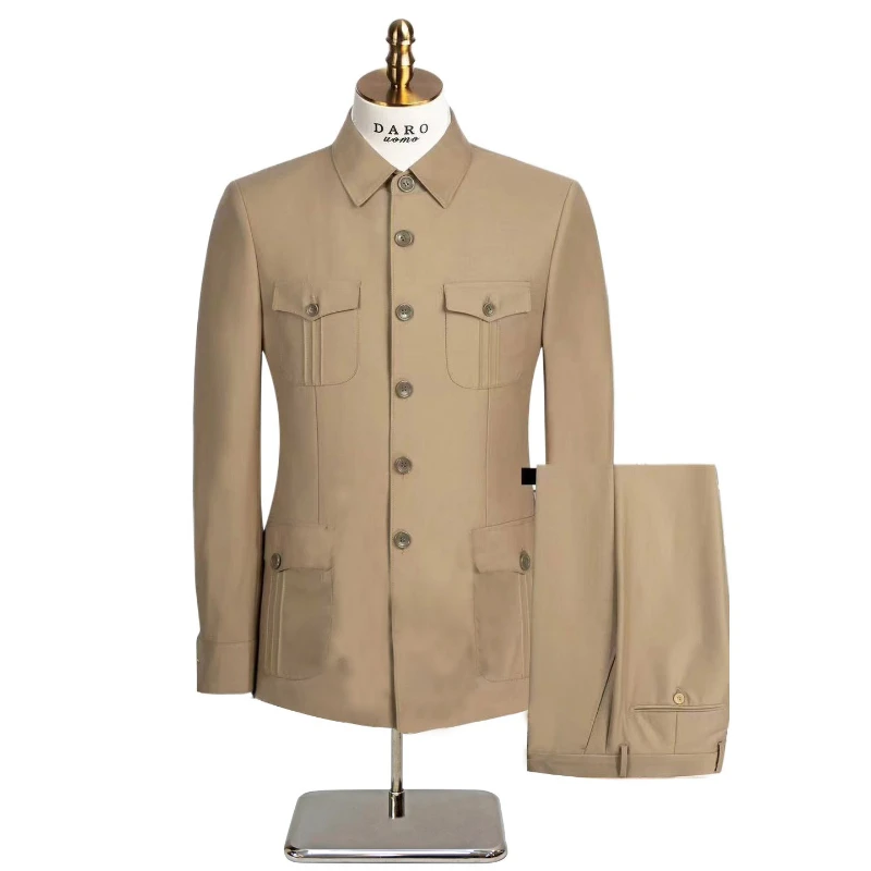 بدلة تشونغشان الجديدة عالية الجودة باللون الأخضر العسكري لعام 2025 للرجال مكونة من قطعتين، بدلة تونيك صينية للرجال متعددة الجيوب باللون الكحلي/الكاكي، مقاس كبير