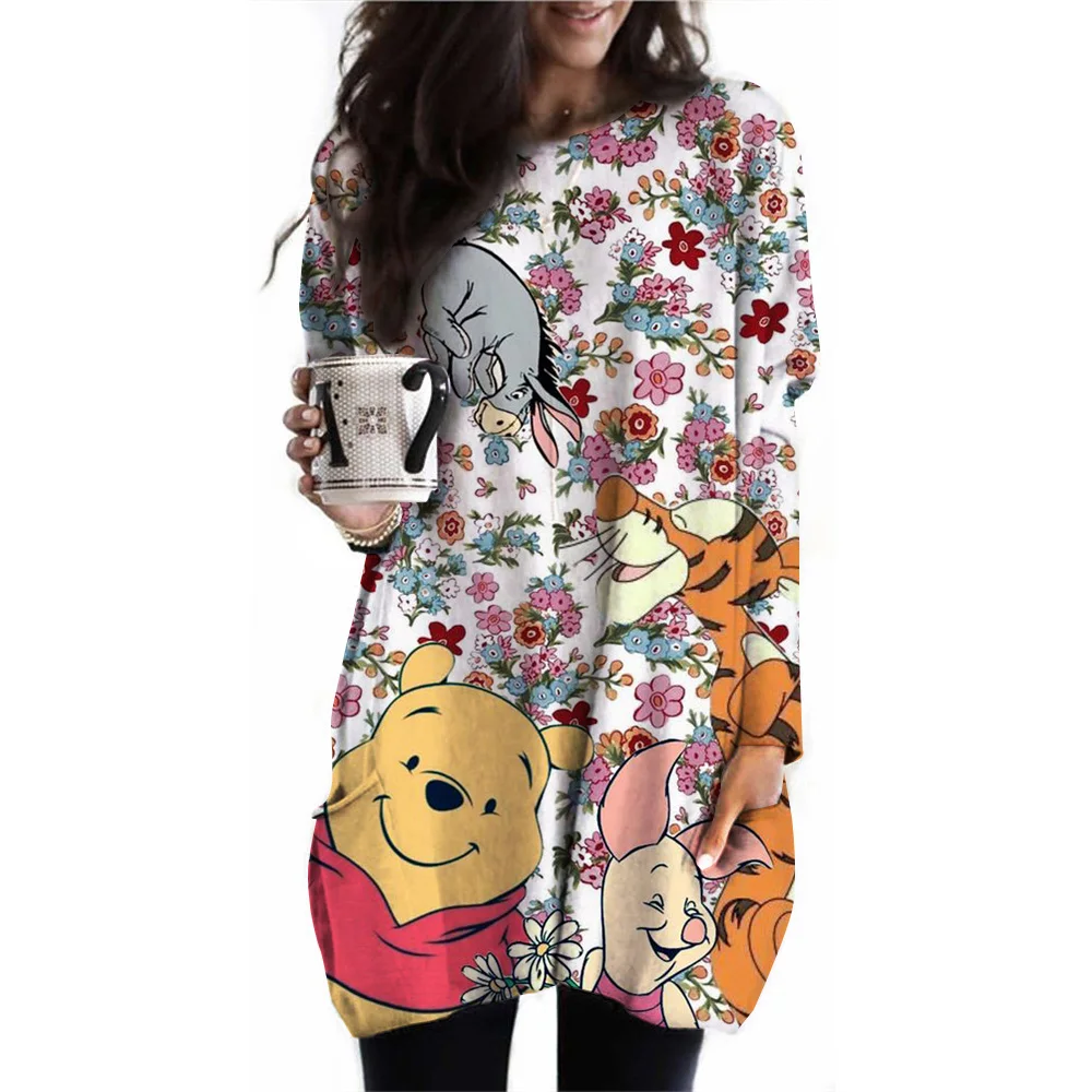 Women\'s T-shirt Spring and Autumn Round Neck Winnie the Pooh Printed Loose Long T-shirt Long Sleeve Casual Top Pocket T-shirt