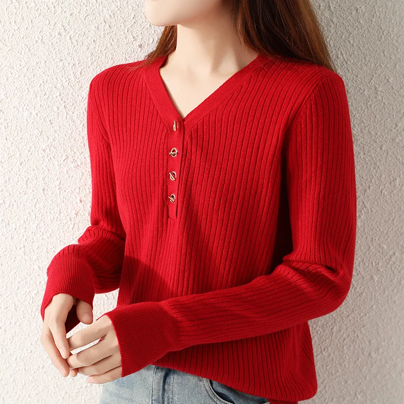 Winter Women's Knitted Cashmere Pullover Fashion Wool Sweater V-Neck Long Sleeve Button Decoration Warm Pit strip Basics Tops