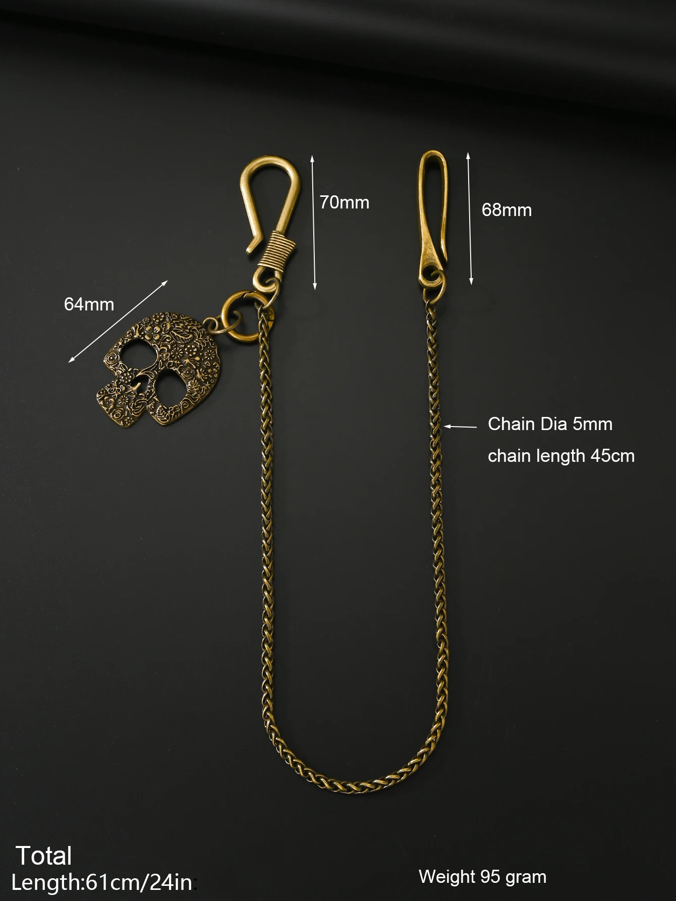 Unique 24ins long pants trucker biker  jean 6mm snake chains pattern large skull  pendant U hook clasp keychain bronze Gothic